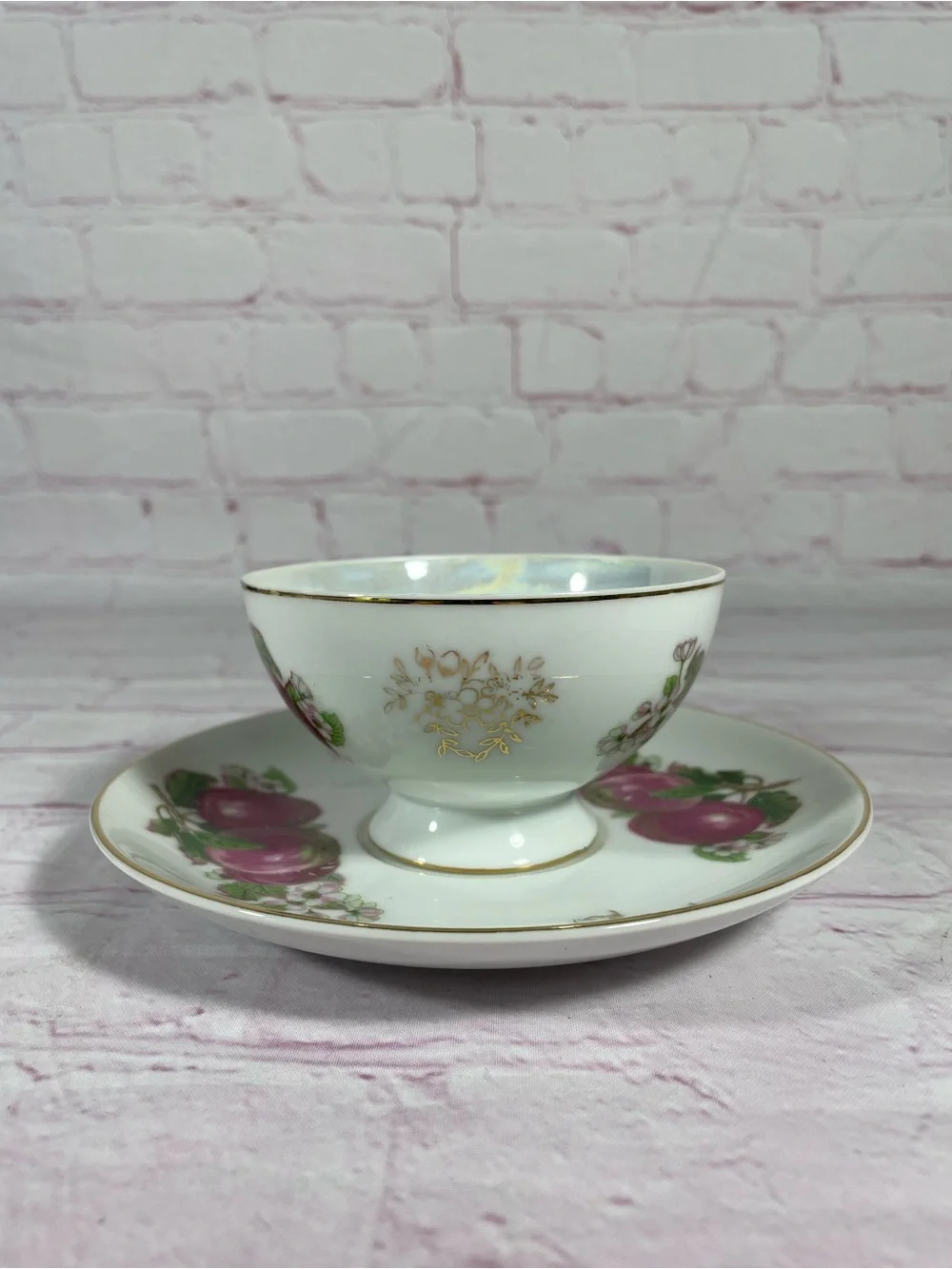 Vintage Plum and Floral Iridescent Footed Teacup and Saucer Set Gold Trim Japan
